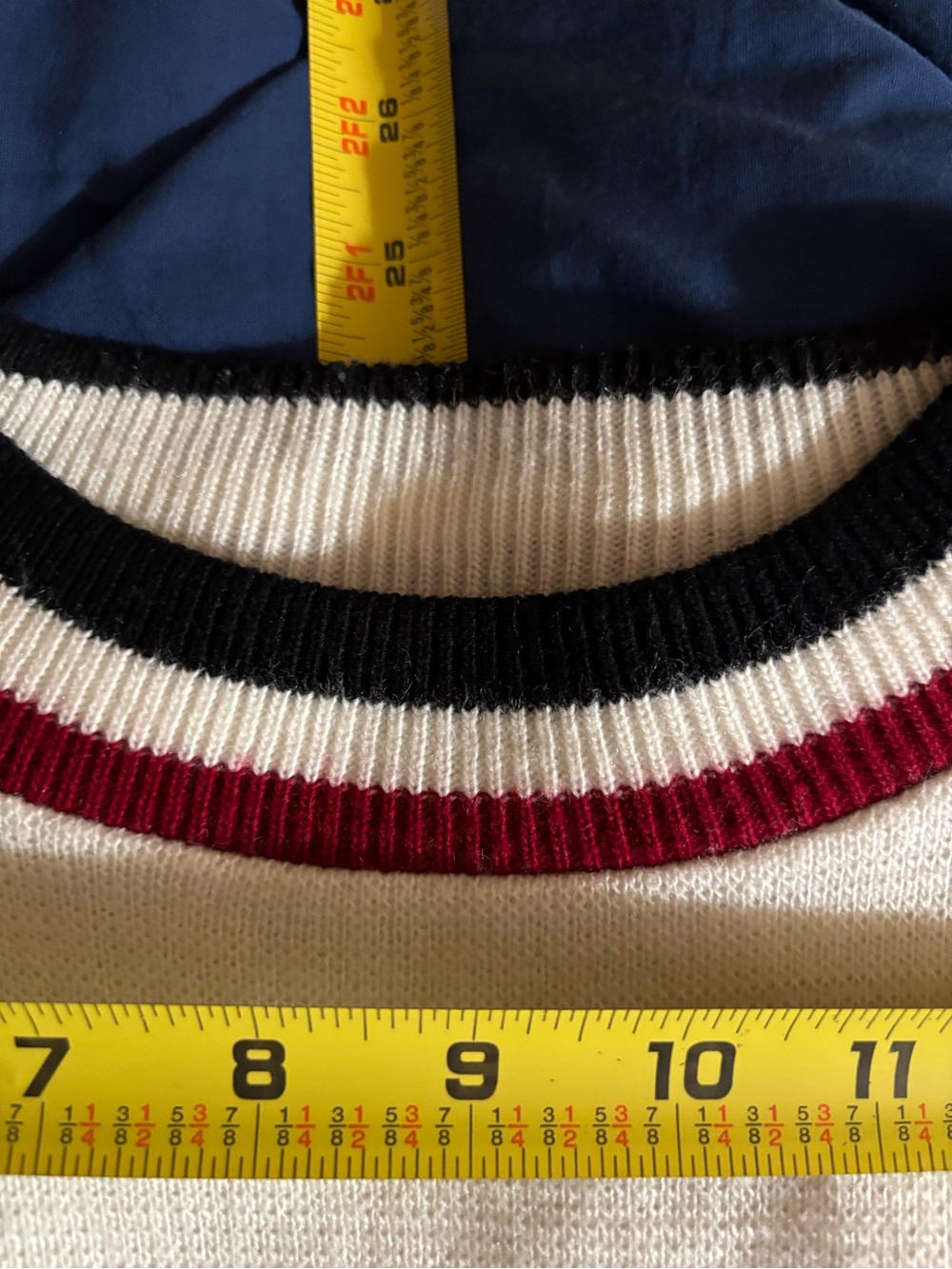 Puritan Cream Sweater with Bowling Red and Blue Strips Edge - Picture 10 of 16